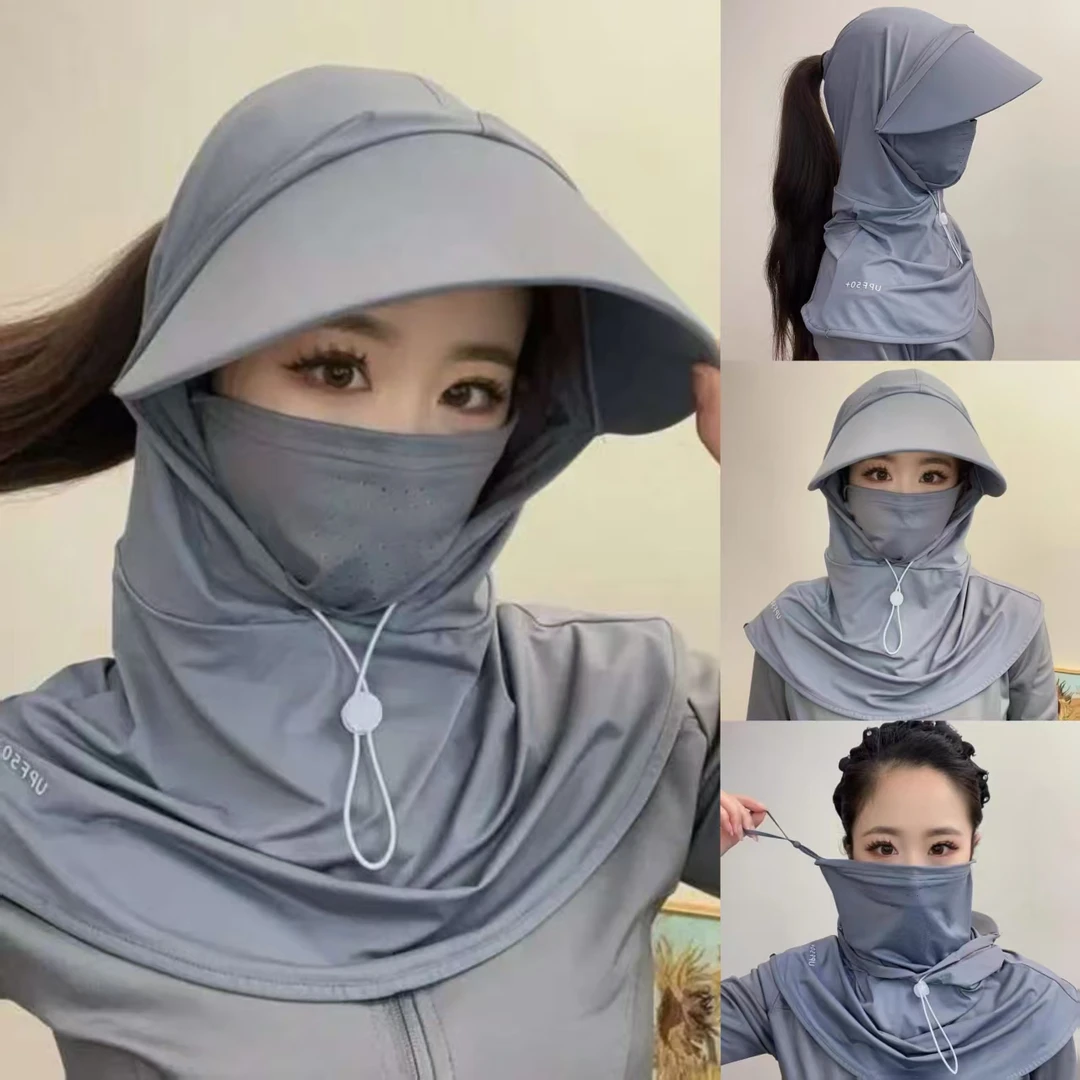 夏季遮阳帽面罩一体护全脸护颈女骑行防紫外线大檐防晒帽太阳帽子