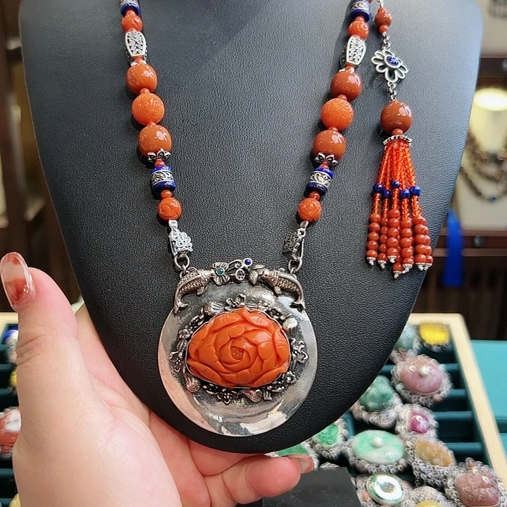 玛瑙颈饰银S925镶嵌古风