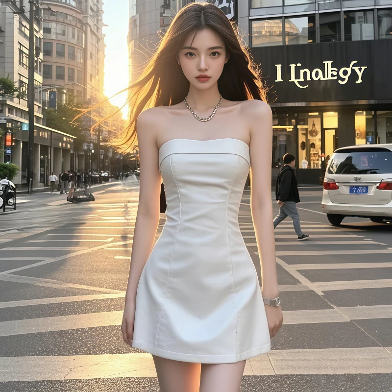 小众炸街高级感女装白色性感新款抹胸连衣裙子夏季收腰A字裙短裙