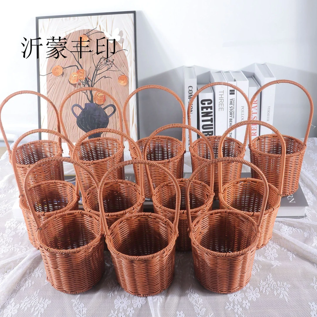 手提花篮插花纯手工编织咖藤小圆筒小礼品手提篮子