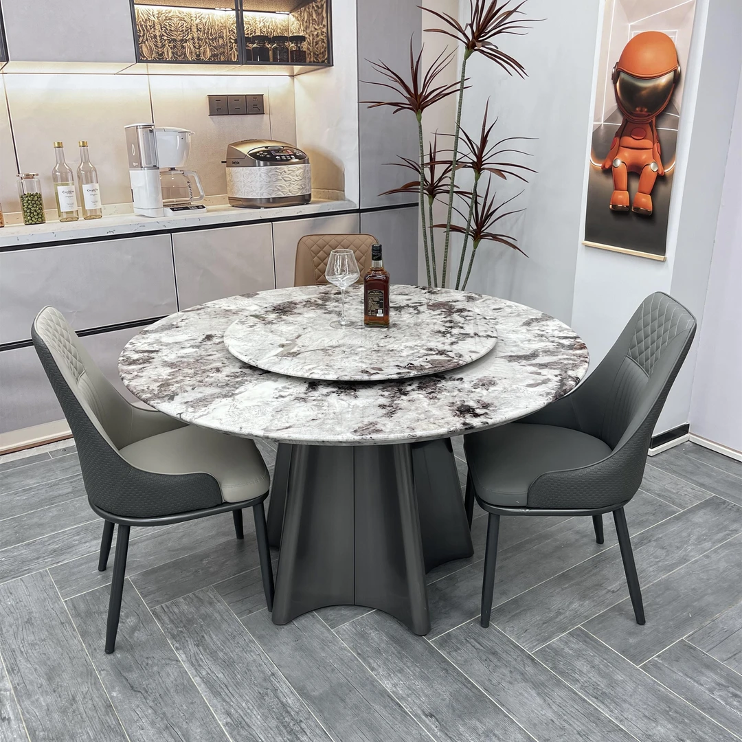 巴西进口雪山飞狐天然大理石餐桌意式轻奢高级感带转盘圆形饭桌