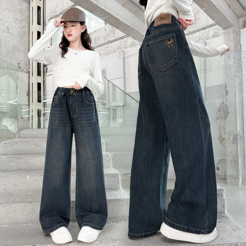 女童牛仔裤春秋款2025新款洋气儿童秋季阔腿裤中大童女孩秋季裤子