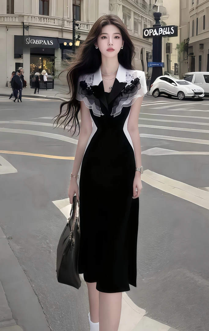 夏季新款时尚性感纯欲风黑色V领修身收腰包臀连衣裙女氛围感长裙