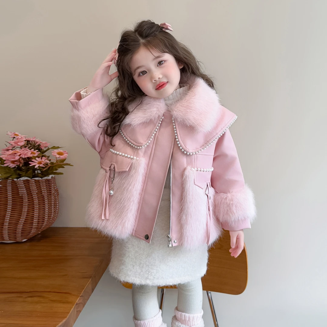 女童加绒外套冬季2025新款洋气儿童仿皮草夹克衫宝宝冬装加厚上衣