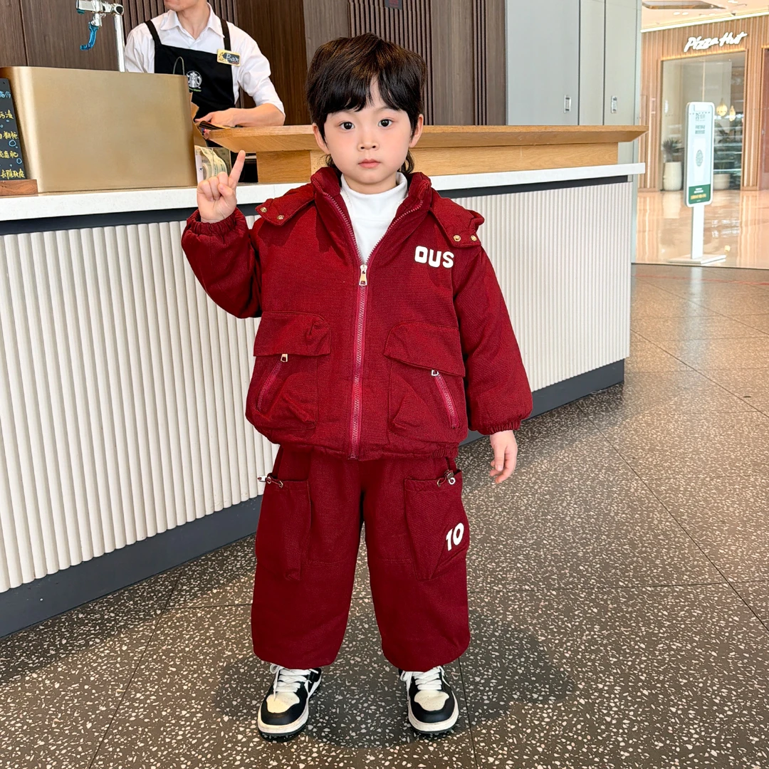 男童加绒套装2025新款冬季男孩加厚棉衣儿童装宝宝冬装保暖两件套