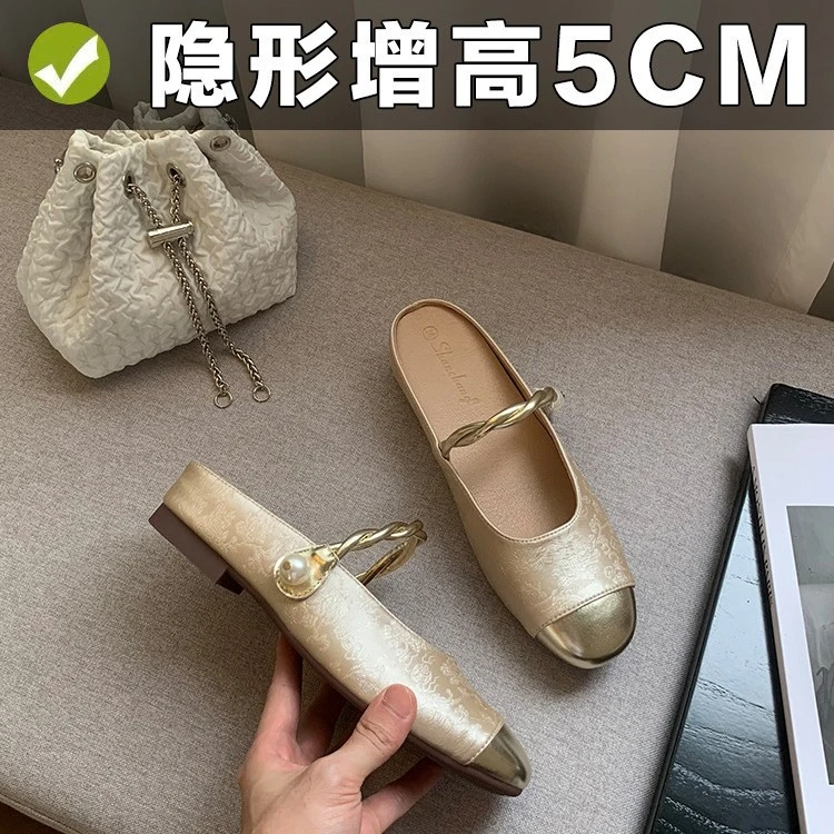 2025春季新款国风潮搭圆头低跟一字带浅口小香风内增高半托凉拖女