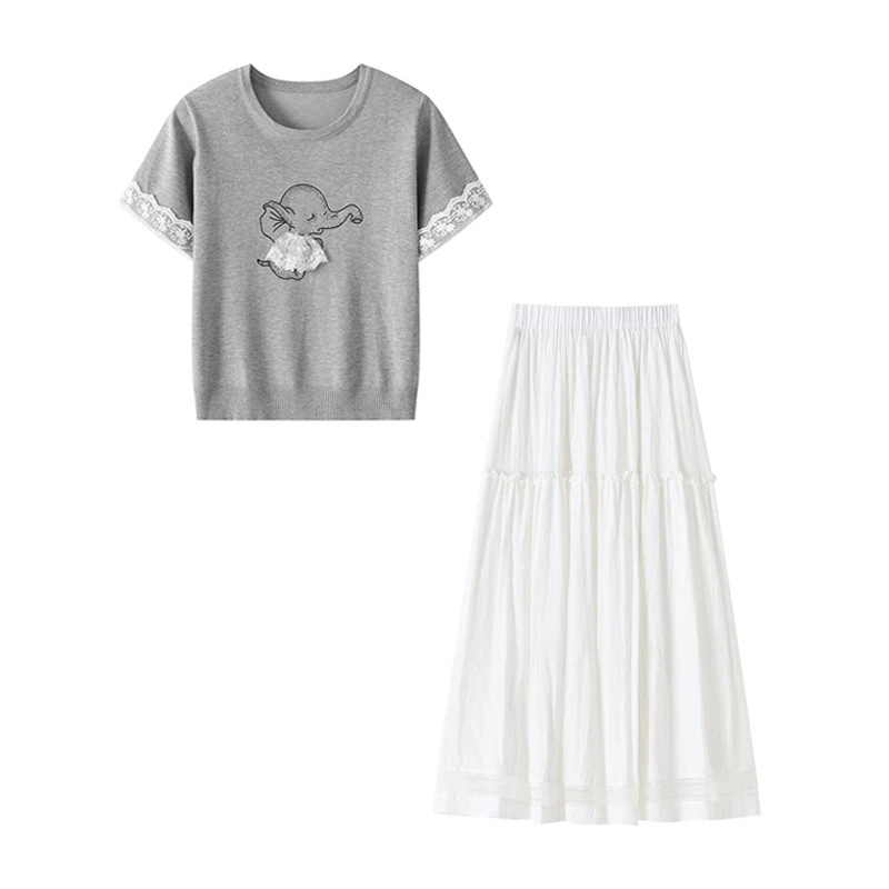 夏季穿搭一整套女新款设计感蕾丝拼接T恤高腰半身裙两件套装2361