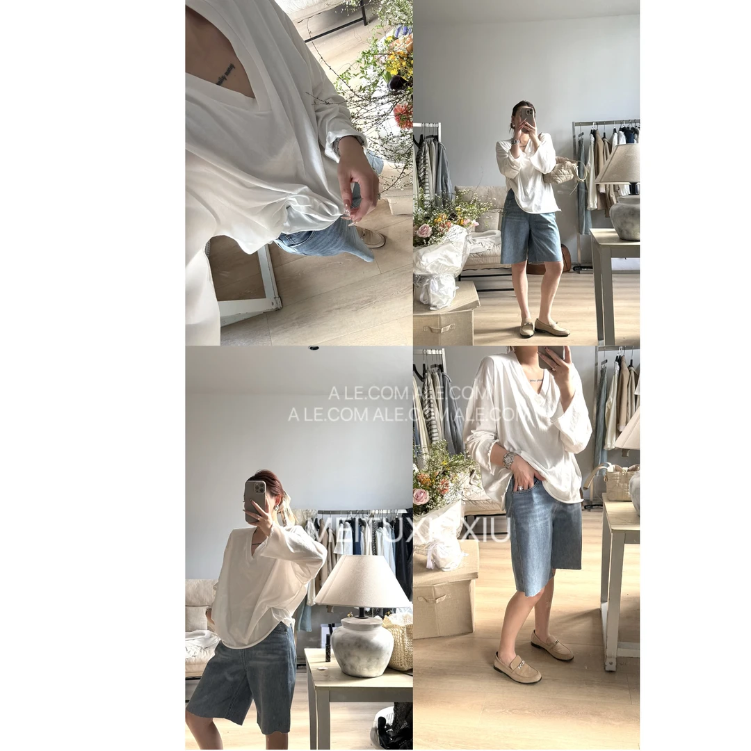 【阿乐家】大码微胖“舒适纸片人”简约纯色v领亲肤垫肩长袖T恤