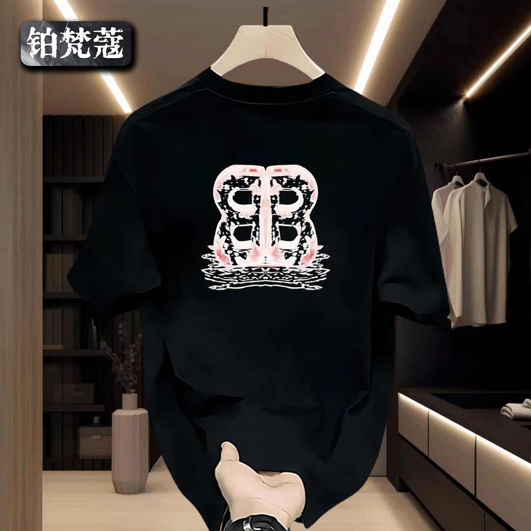 铂梵蔻百搭休闲痞帅圆领男士上衣夏季纯棉印花潮流美式短袖insT恤