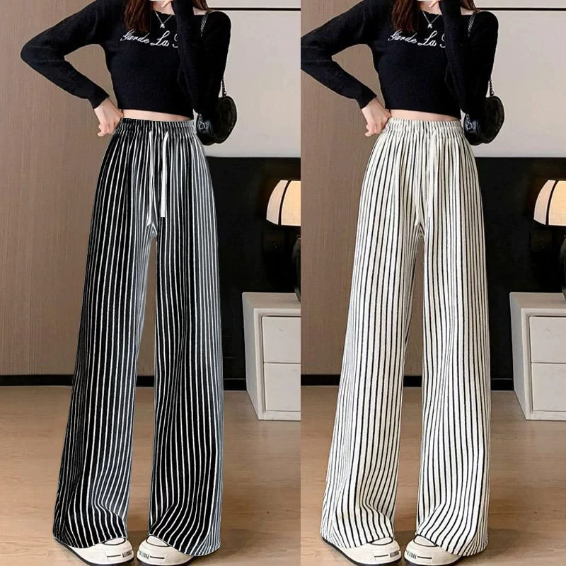 春季新品毛巾条纹直筒休闲裤高腰复古慵懒风阔腿裤女装裤子拖地裤