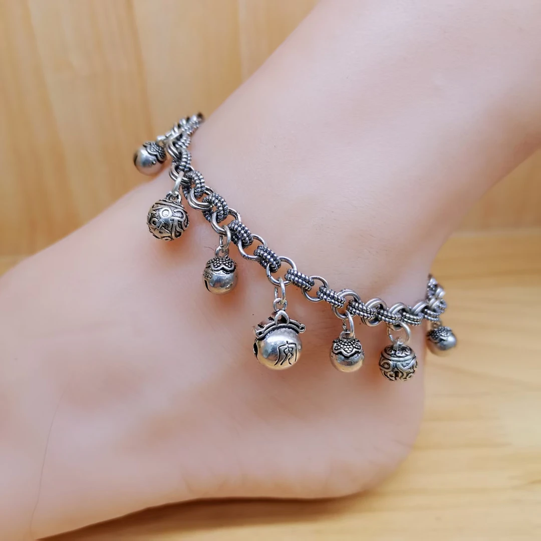 银之酷 925银脚链 925银铃铛脚链女款重工复古做旧民族风个性