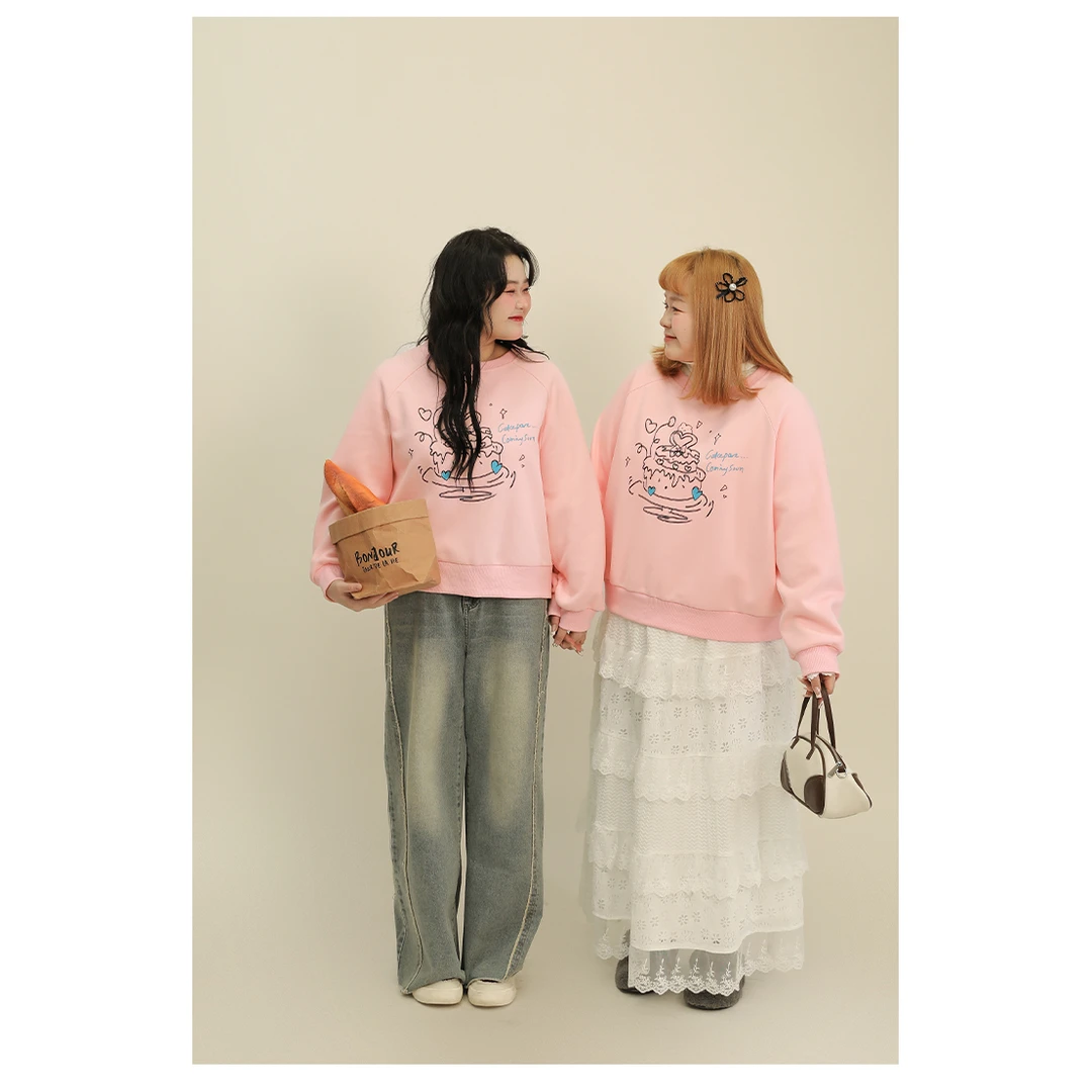 23-清大码百分百时尚穿搭气质百搭显瘦插肩袖撞色印花卫衣女0124