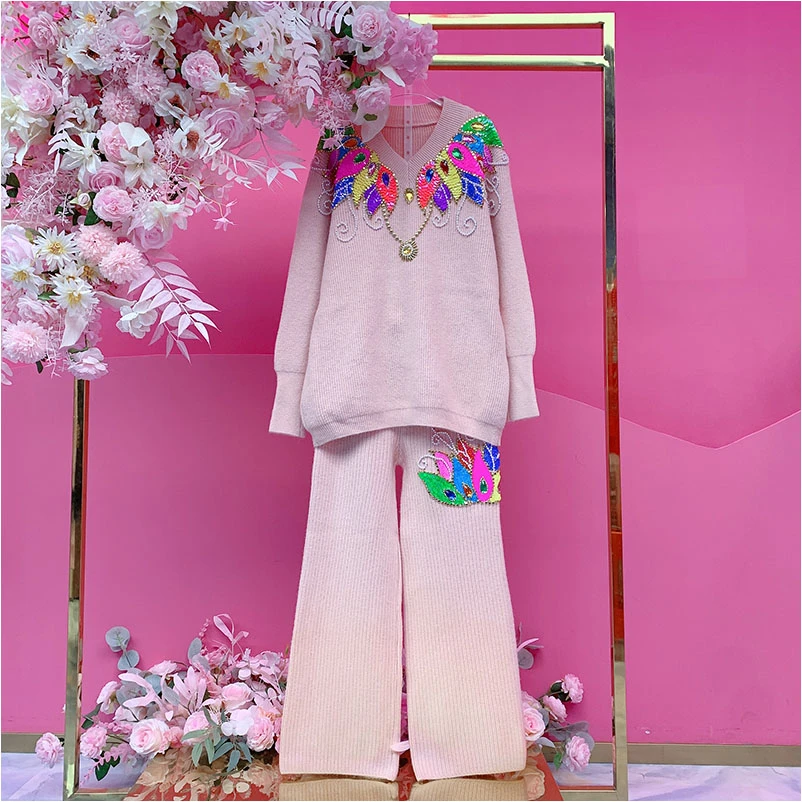 A4671欧美设计师2025冬季新款重工钉珠彩色亮片刺绣时尚毛衣套装