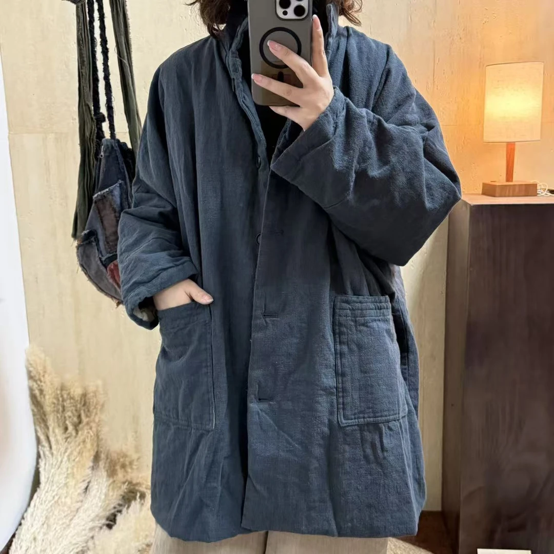 那年冬季亚麻炒色中长款保暖棉服宽松加厚外套棉衣文艺百搭休闲风