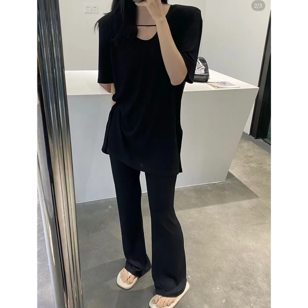 大码莱赛尔凉感透气纸片人U领上衣➕微喇裤慵懒套装