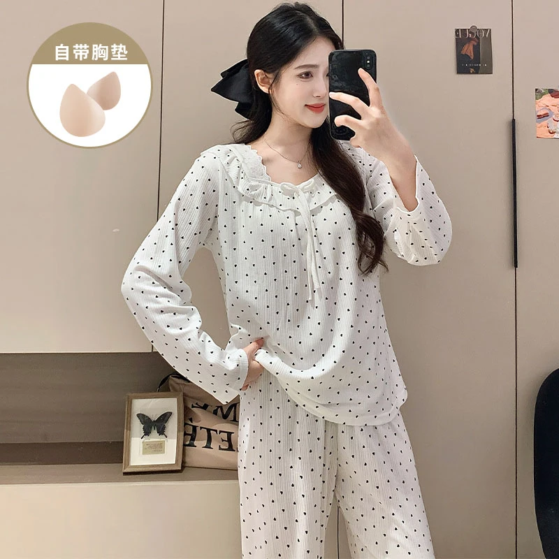 春秋季爆款带胸垫长袖长裤睡衣女款甜美风爱心女士家居服两件套装