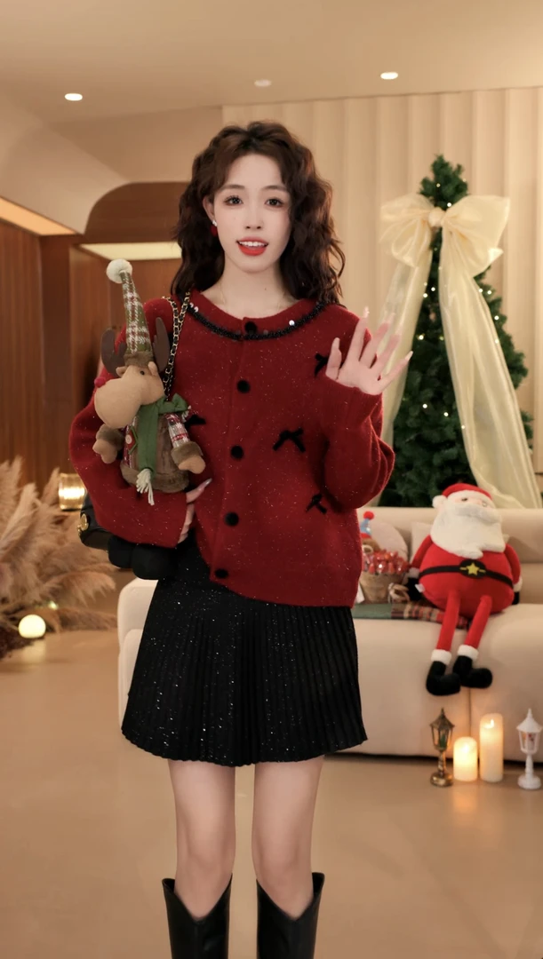 2025早春新款百搭慵懒高级感红色毛针织开衫新年战袍上衣女H229