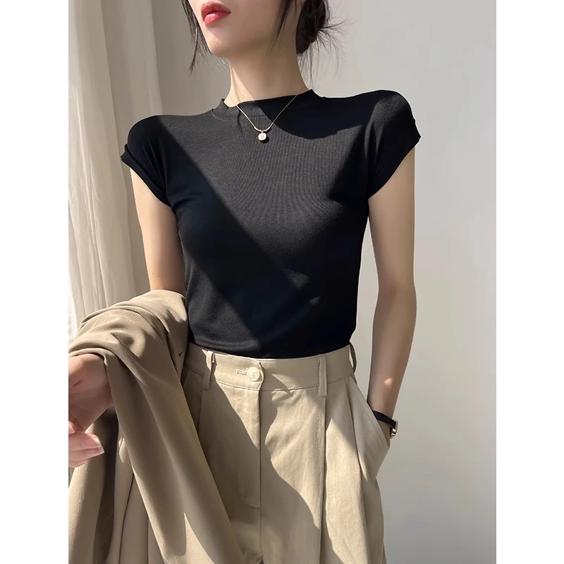 黑色正肩短袖t恤女春装2025年新款半高领打底衫修身内搭短款上衣