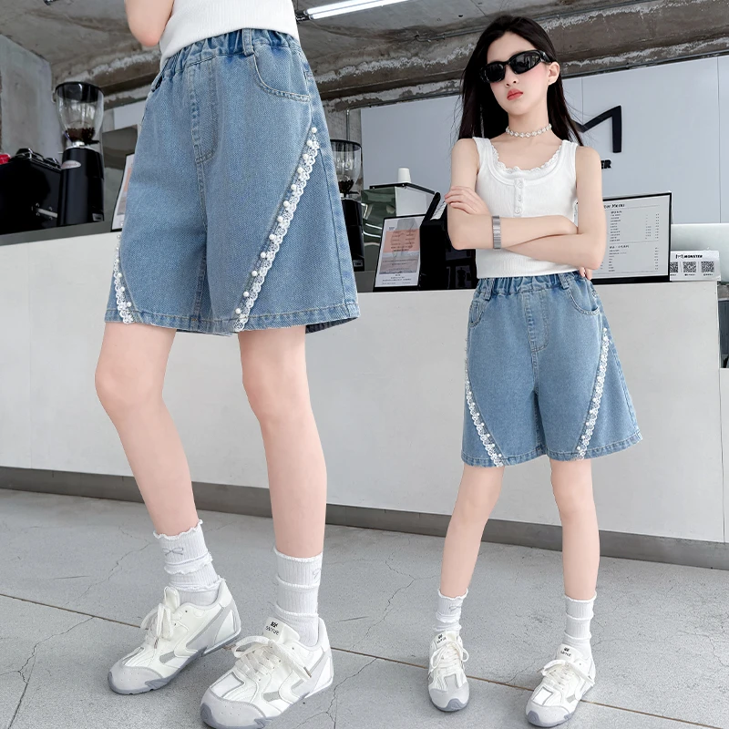 女童牛仔短裤夏季高腰牛仔裤夏装休闲清凉感中大童花边洋气四分裤