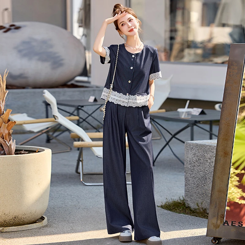 软牛仔两件套装女夏季薄款时尚休闲宽松短袖显瘦气质穿搭阔腿裤子