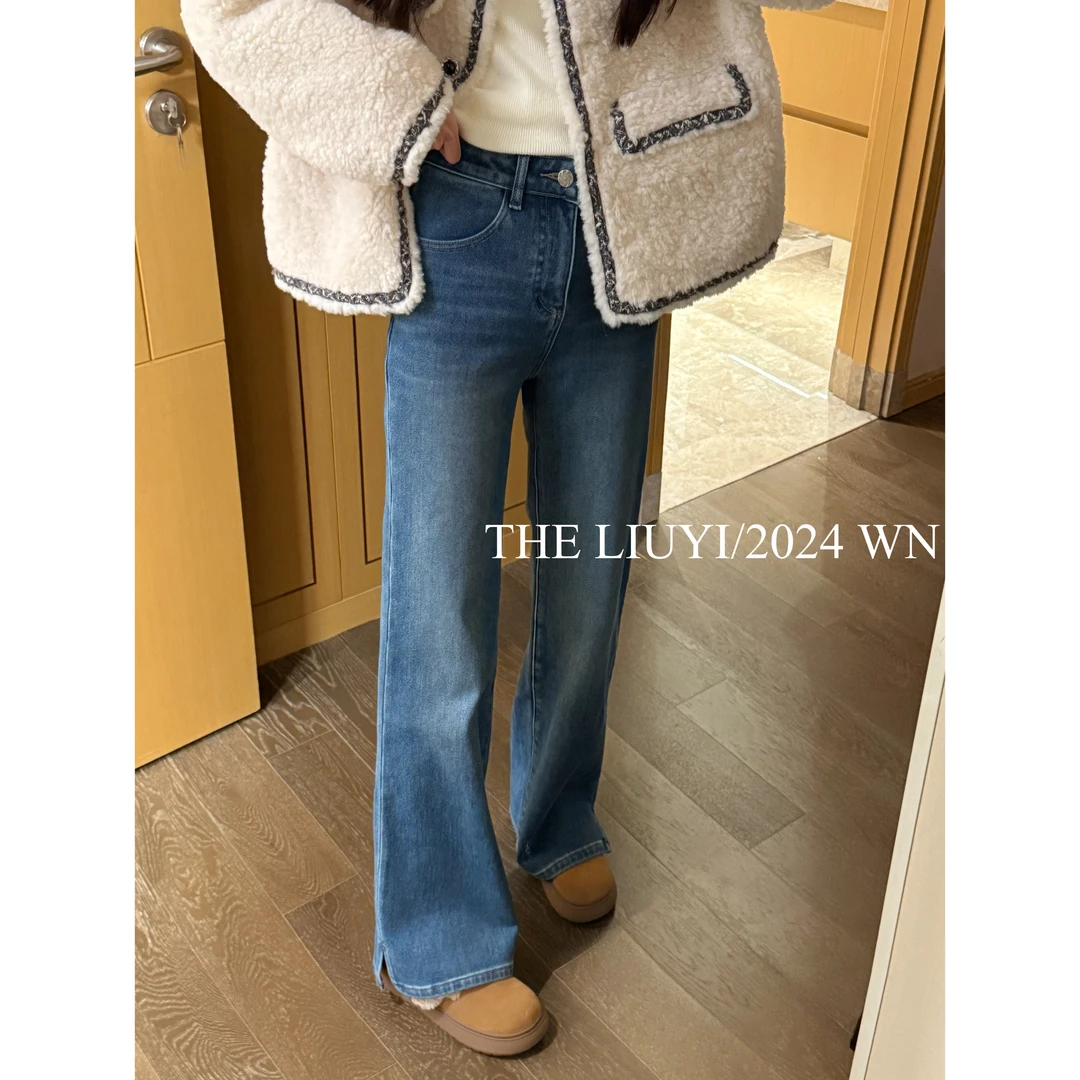 【LIUYI】封神裤~冬季加绒显瘦窄版开叉微喇牛仔裤411222