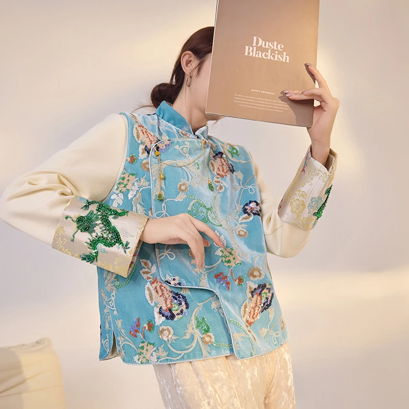 新中式国风重工刺绣亮片马甲宽松修身气质高级感无袖上衣女 M3020