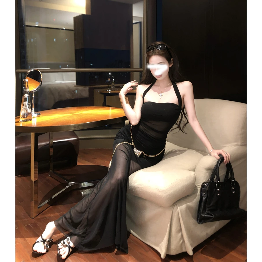 星漫银河 烫钻挂脖吊带背心带胸垫女显瘦a字长裙套装春季新款