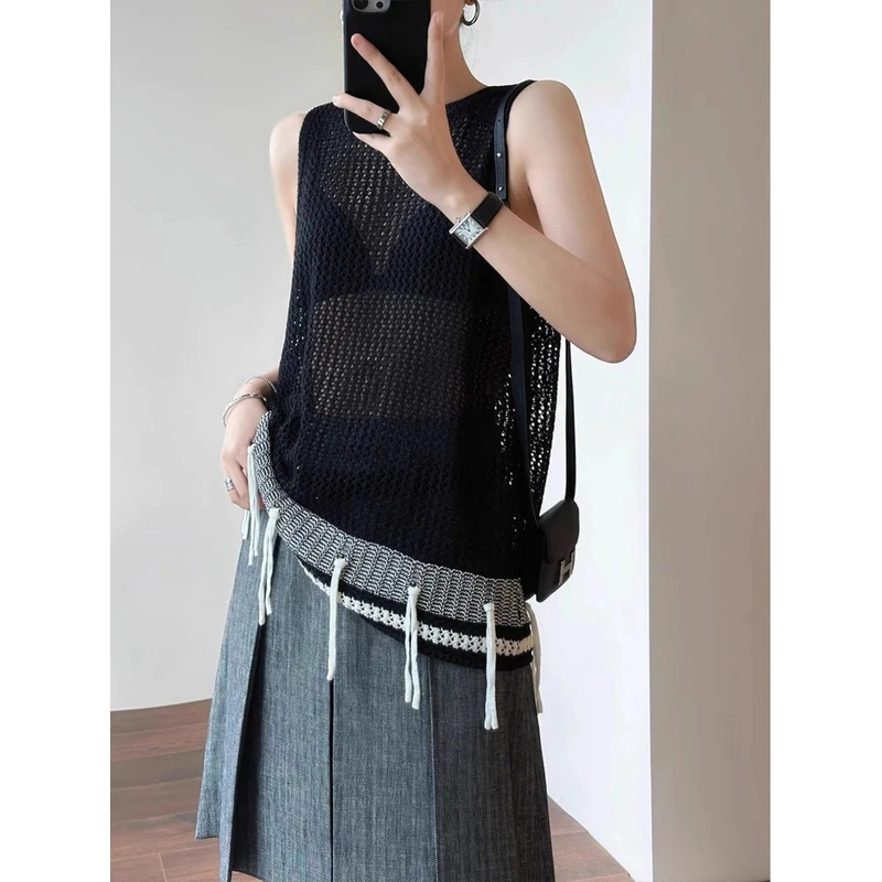 设计感小众镂空针织马甲背心女2025夏季新款撞色手工流苏无袖马夹
