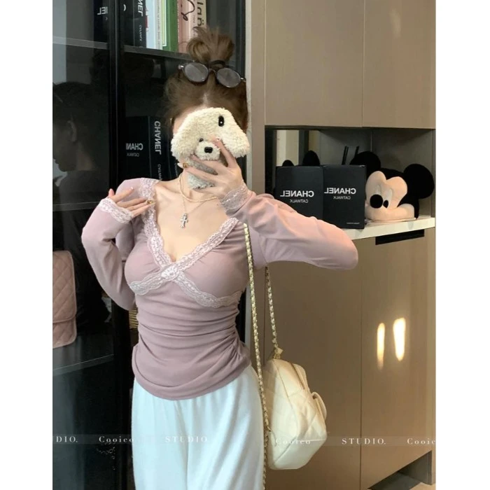 蕾丝花边v领长袖磨毛T恤女春季收腰修身内搭纯欲粉色紧身打底上衣
