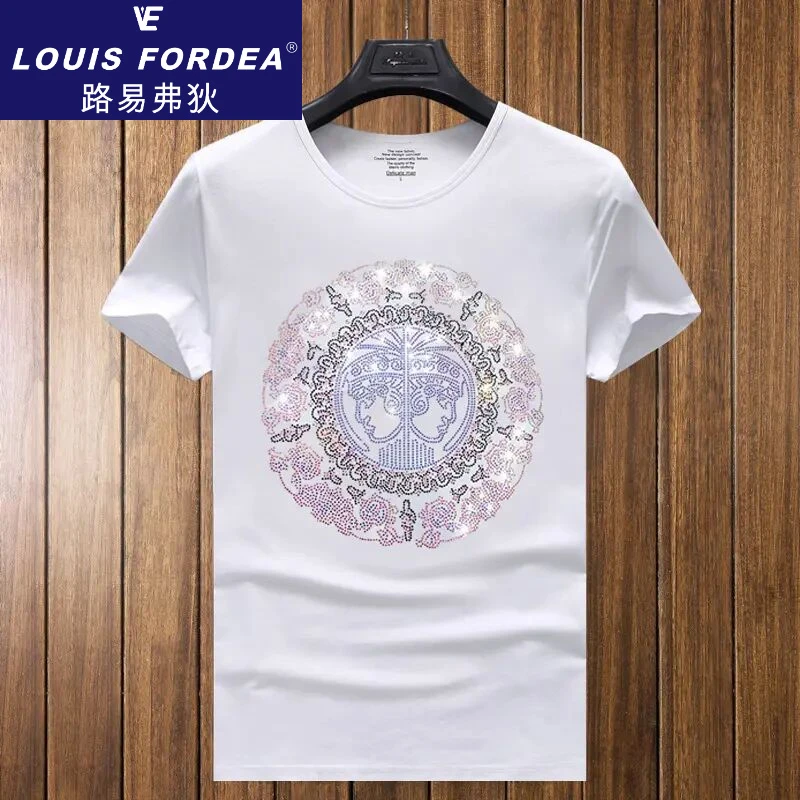 Louis Fordea/路易弗狄男士烫钻短袖T恤修身时尚半袖印花高档男装