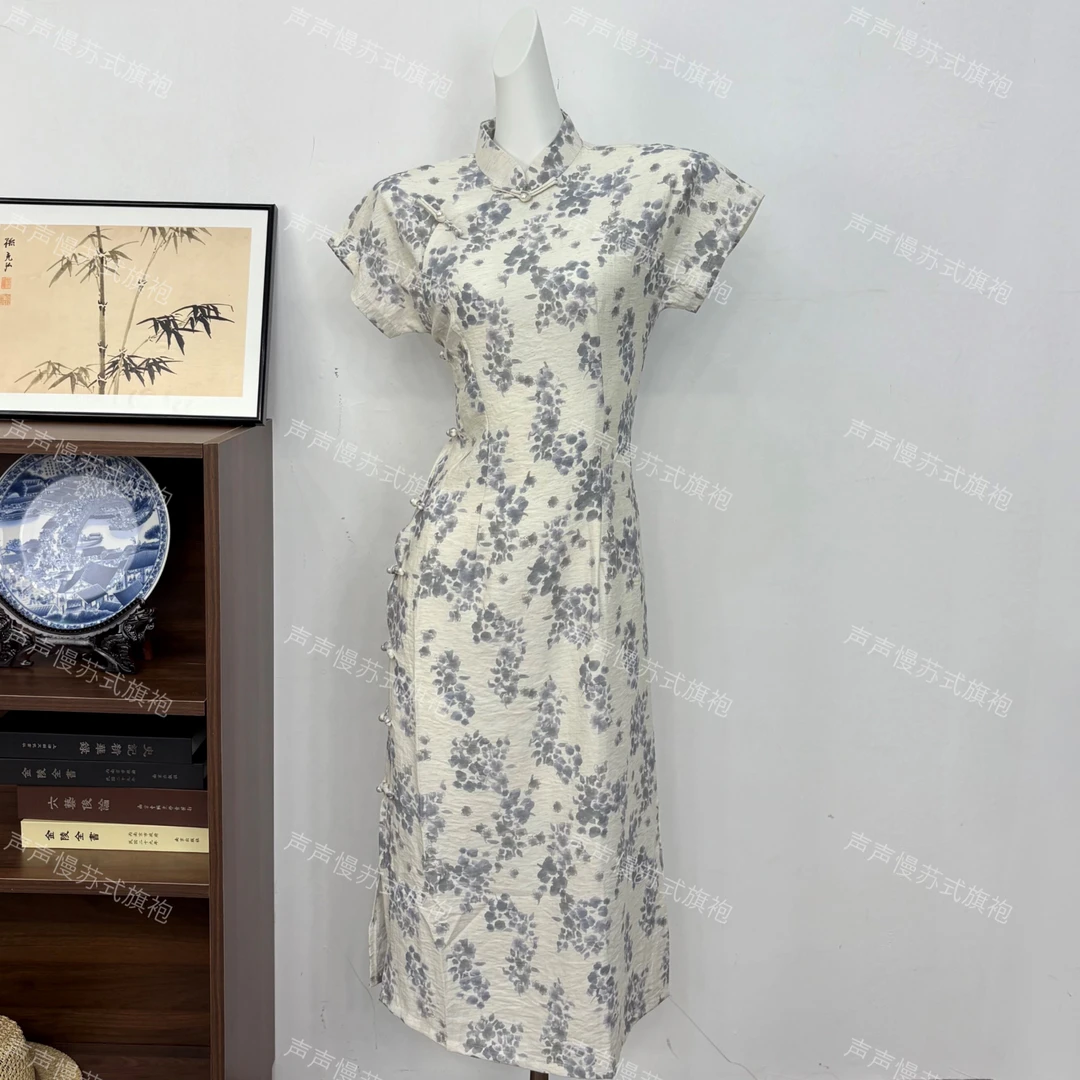 【棉与麻 水墨青花】一片式剪裁 古法全开襟 透气舒适柔软遮肉旗袍