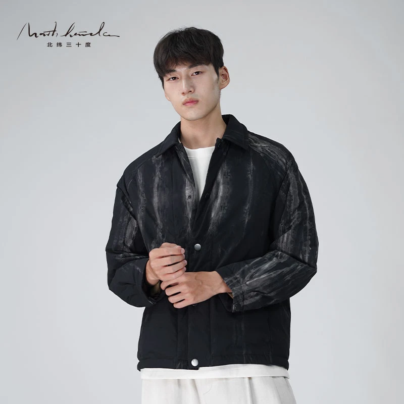 北纬三十度翻领夹克扎染螺纹男装2025冬季羽绒服宽松型百搭外套