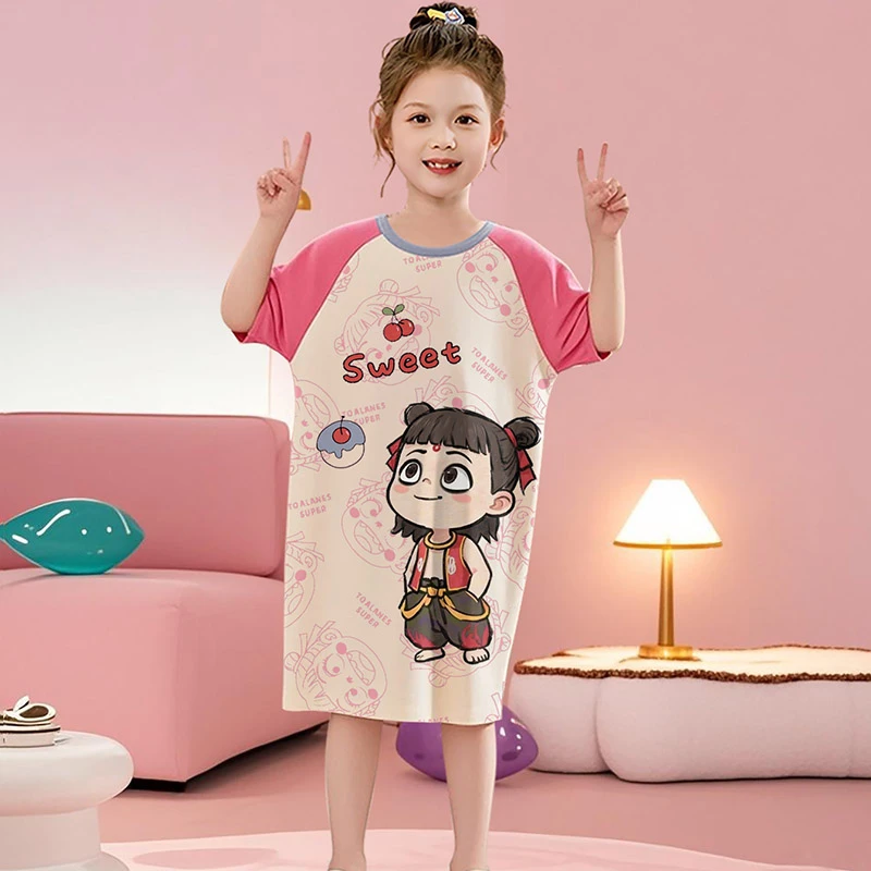 儿童睡衣薄款夏季纯棉全大童女童睡裙亲子家居服哪吒2025新款女孩