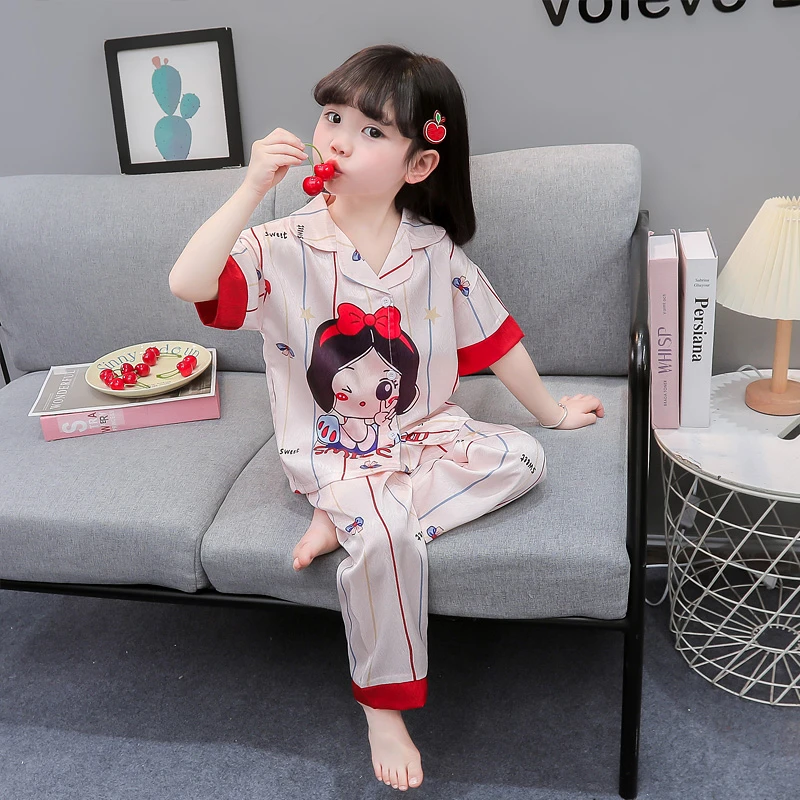 儿童冰丝睡衣夏季薄款女童开衫丝滑印花短袖长裤空调家居服套装
