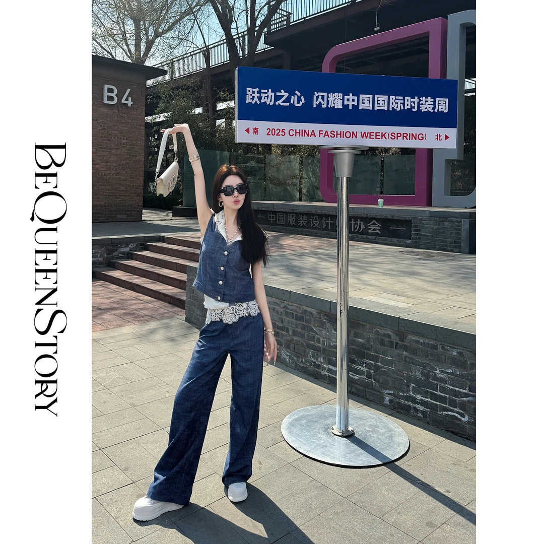 【高高甄选】【都市漫游】棉感蕾丝连帽马甲阔腿裤套装2025夏装新款