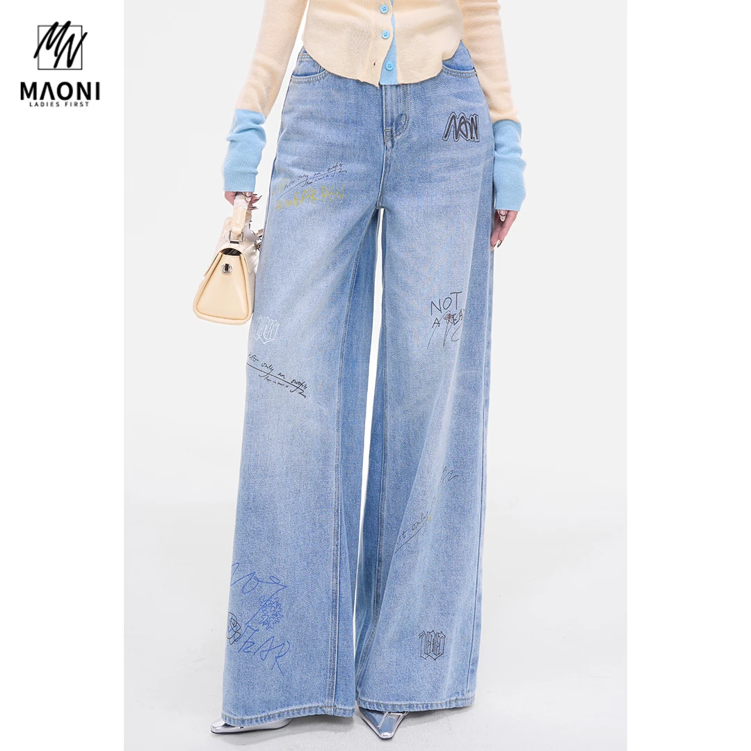毛妮Peshe【手绘涂鸦】印花阔腿拖地牛仔裤宽松百搭直筒字母L1360