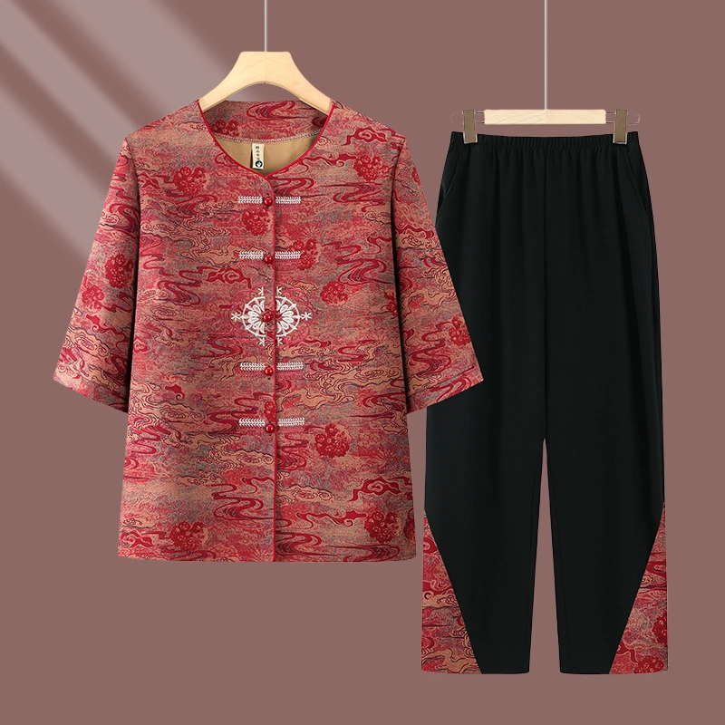 老年女装夏季衬衫新款奶奶装七分袖60岁7080老人老太太衣服两件套