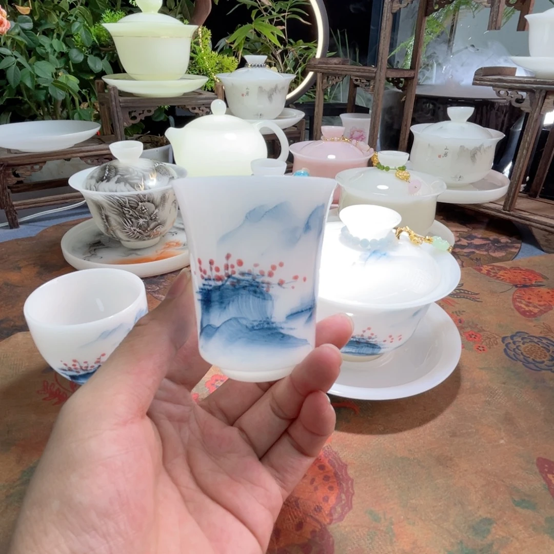 璞玉手绘红蓝山水闻香杯