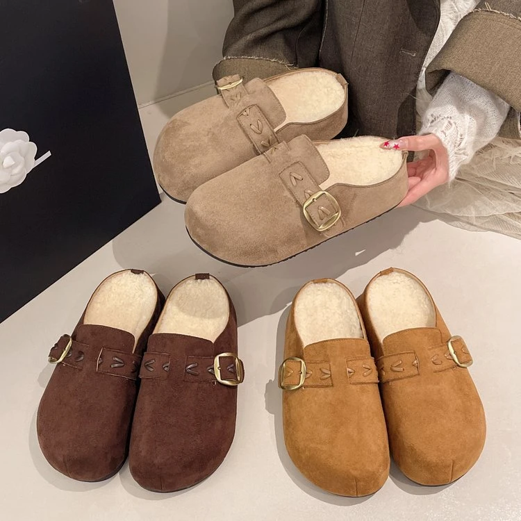 加绒厚底勃肯拖鞋女2025年秋冬季新款厚底花边包头半拖鞋女