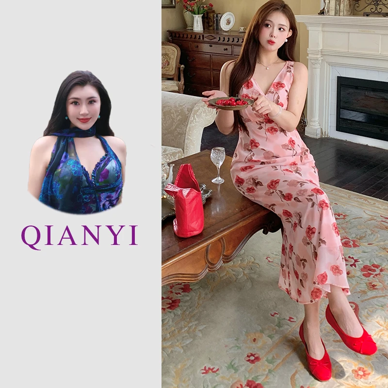 【仟艺定制】 半熟恋人  大码女装法式碎花连衣裙胖mm新款V领无袖