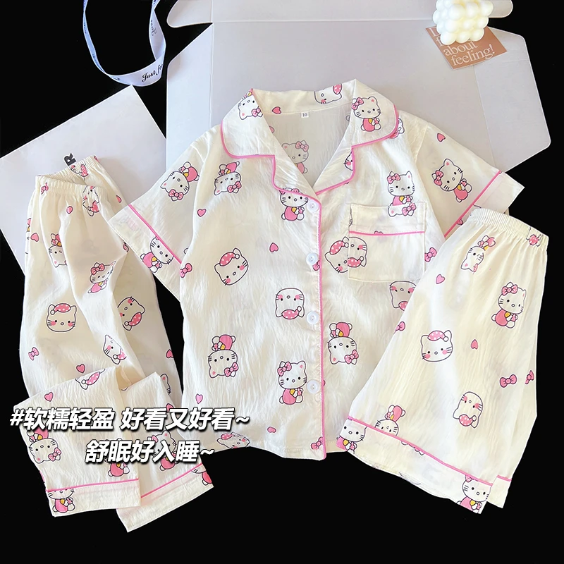 2025新款女童云朵棉睡衣夏季薄款短袖长裤三件套小女孩空调服套装