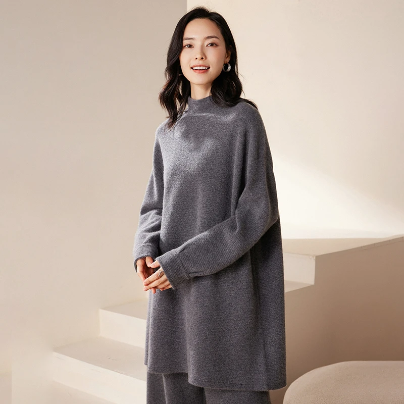 秋冬季新款舒适时尚百搭中长款花型半高领保暖羊绒衫长袖宽松针织