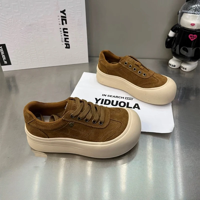 厚底丑萌面包鞋女2025秋季新款一脚蹬休闲系带板鞋百搭爆款运动鞋