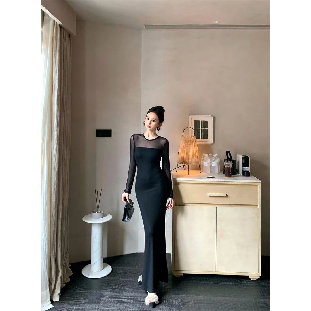 网纱拼接圆领长袖连衣裙女秋季内搭打底裙修身裙子包臀长裙