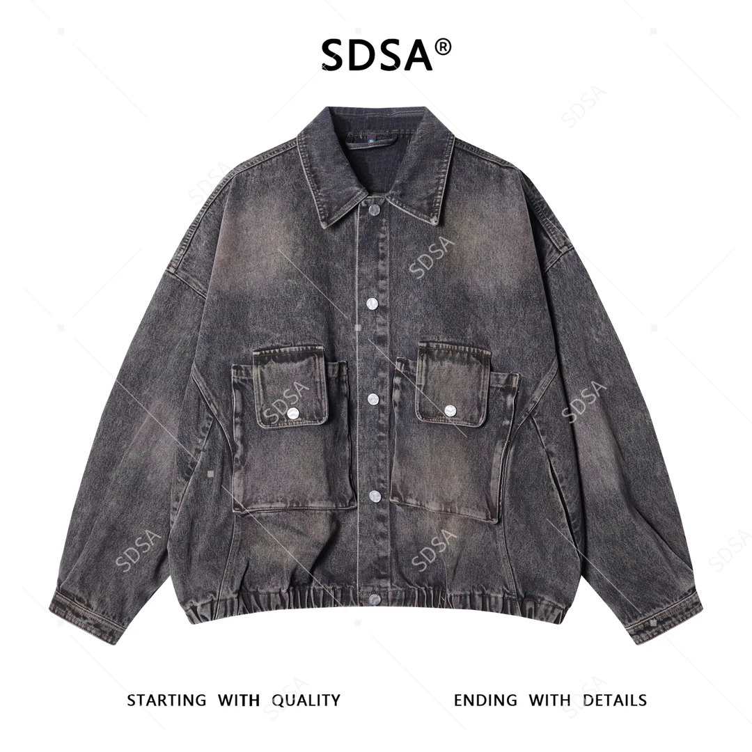 SDSA男士秋冬新款痞帅男装扎染做旧解构纽扣翻领牛仔夹克百搭时尚