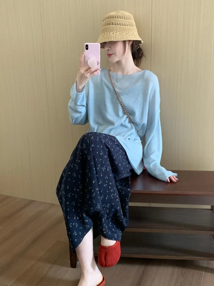 2025新款超好看独特漂亮防晒罩衫上衣蓝色薄款冰丝针织衫女夏外搭