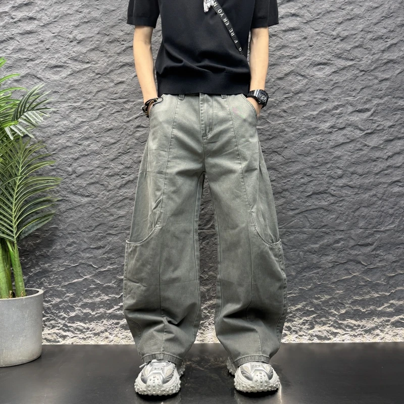 重工拼接弯刀纯色宽松阔腿长裤2025秋冬百解构原色弯刀阔腿牛仔裤