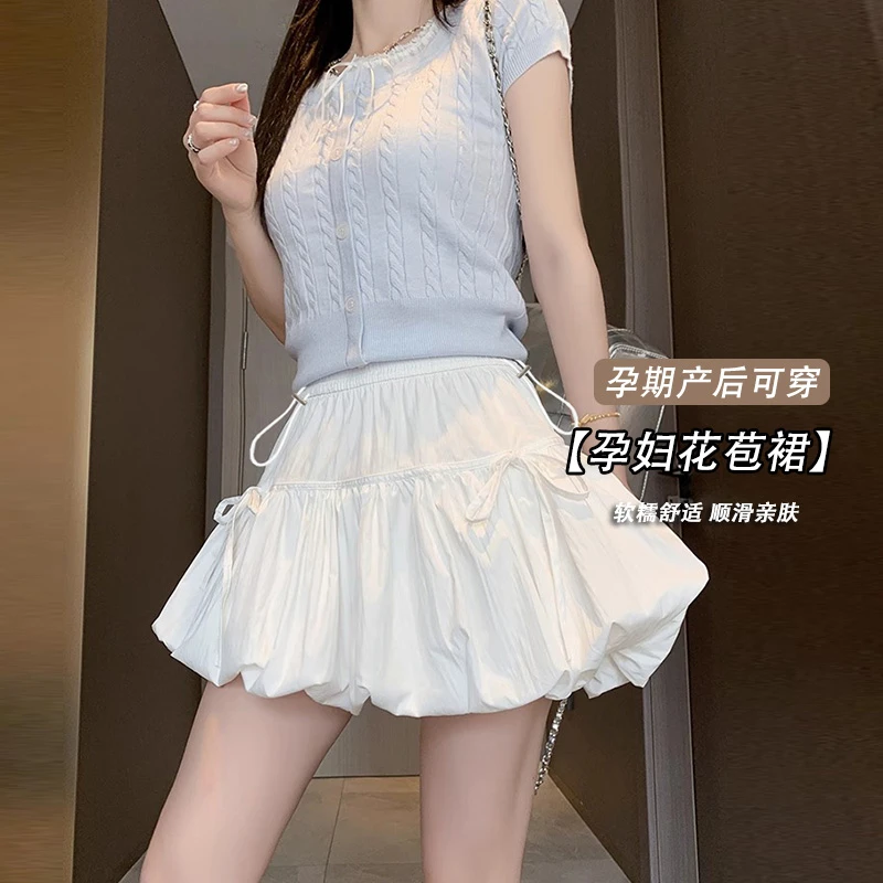 孕妇裙蝴蝶结绑带短裙花苞裙子夏季2025新款蓬蓬裙甜美a字半身裙