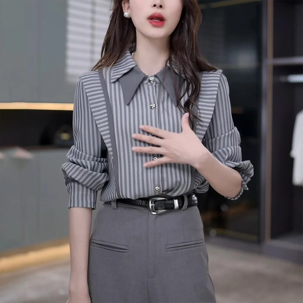 灰色条纹衬衫女2025早秋季高级感洋气减龄宽松显瘦设计感休闲上衣