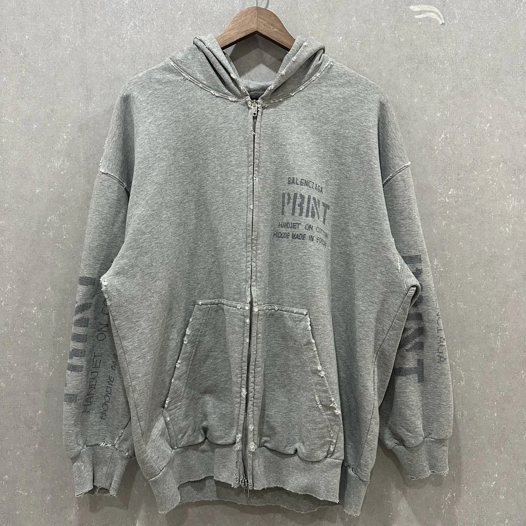99新 Balenciaga/巴黎世家 Print新款破坏拉链连帽外套 M码004504